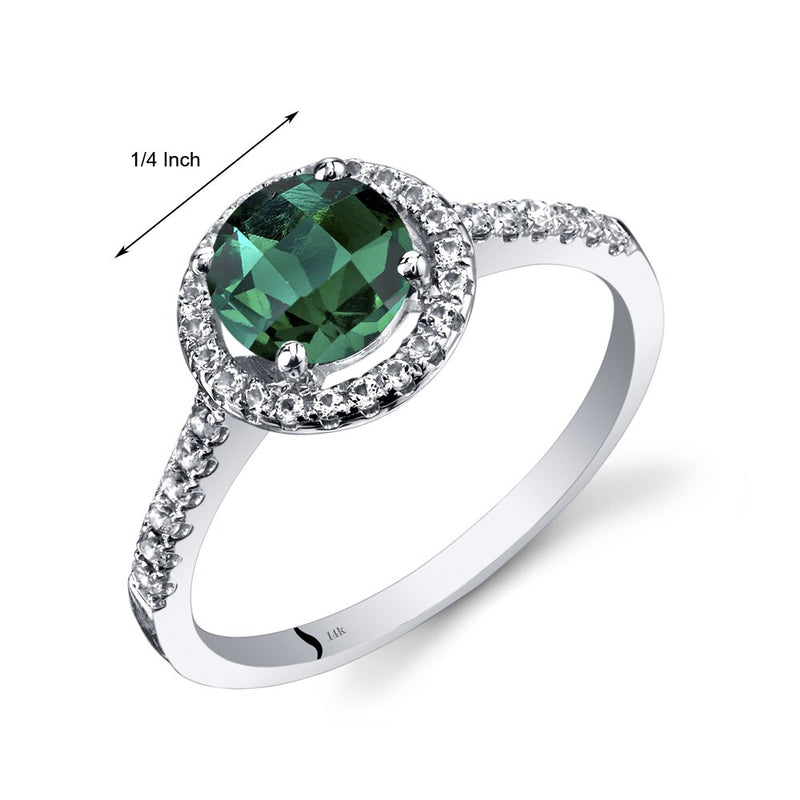 14K White Gold Created Emerald Halo Ring Round Checkerboard Cut 1.00 Carats