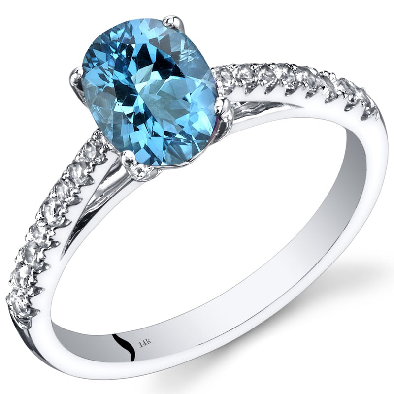 14K White Gold Swiss Blue Topaz Ring Oval Cut 1.25 Carats