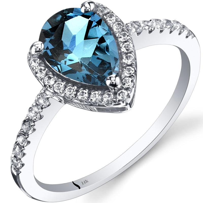 14K White Gold London Blue Topaz Open Halo Ring Pear Shape 1.50 Carats