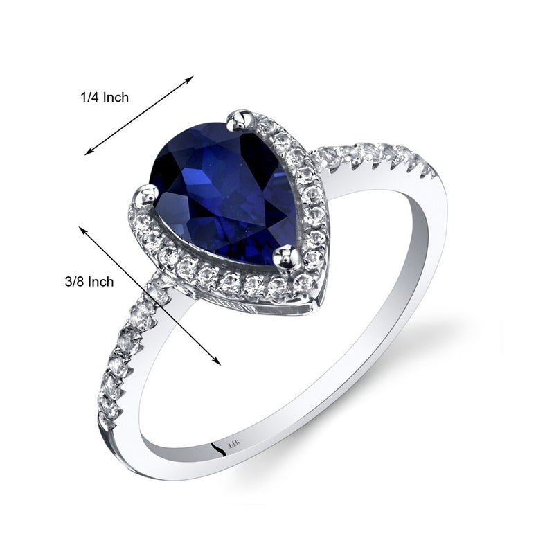 14K White Gold Created Blue Sapphire Open Halo Ring Pear Shape 1.50 Carats
