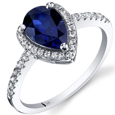14K White Gold Created Blue Sapphire Open Halo Ring Pear Shape 1.50 Carats