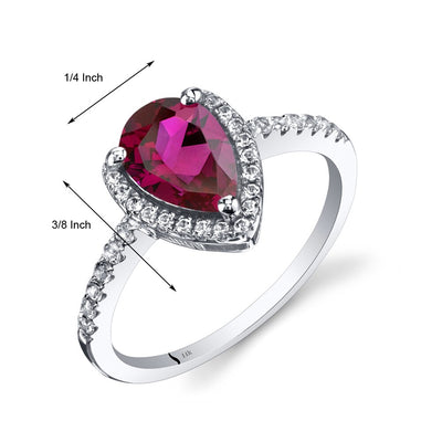14K White Gold Created Ruby Open Halo Ring Pear Shape 1.50 Carats