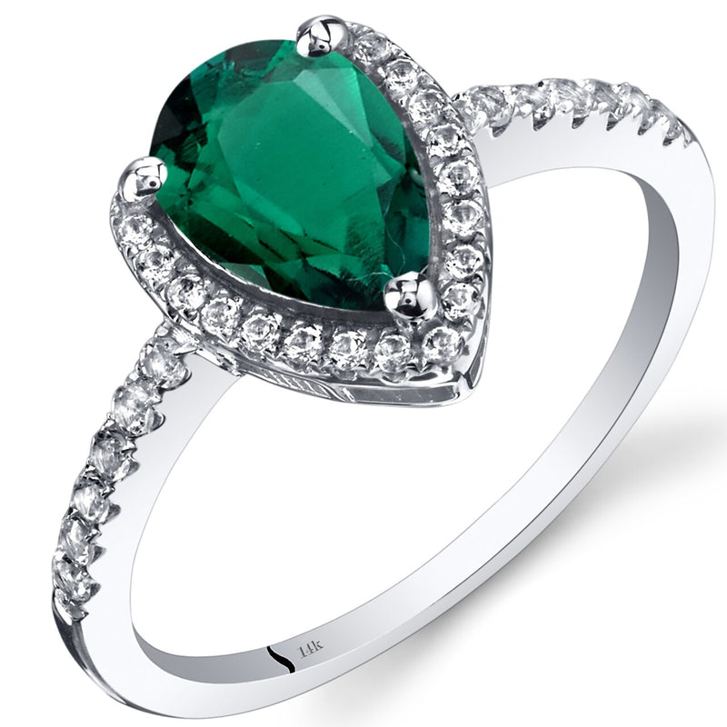14K White Gold Created Emerald Open Halo Ring Pear Shape 1.25 Carats