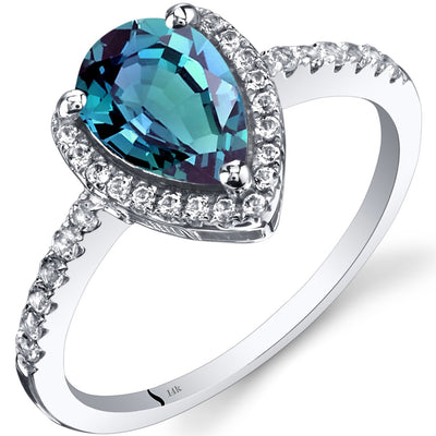 14K White Gold Created Alexandrite Open Halo Ring Pear Shape 1.50 Carats