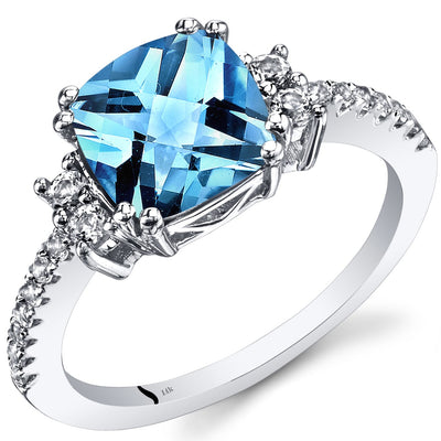 14K White Gold Swiss Blue Topaz Ring Cushion Checkerboard Cut 2.50 Carats