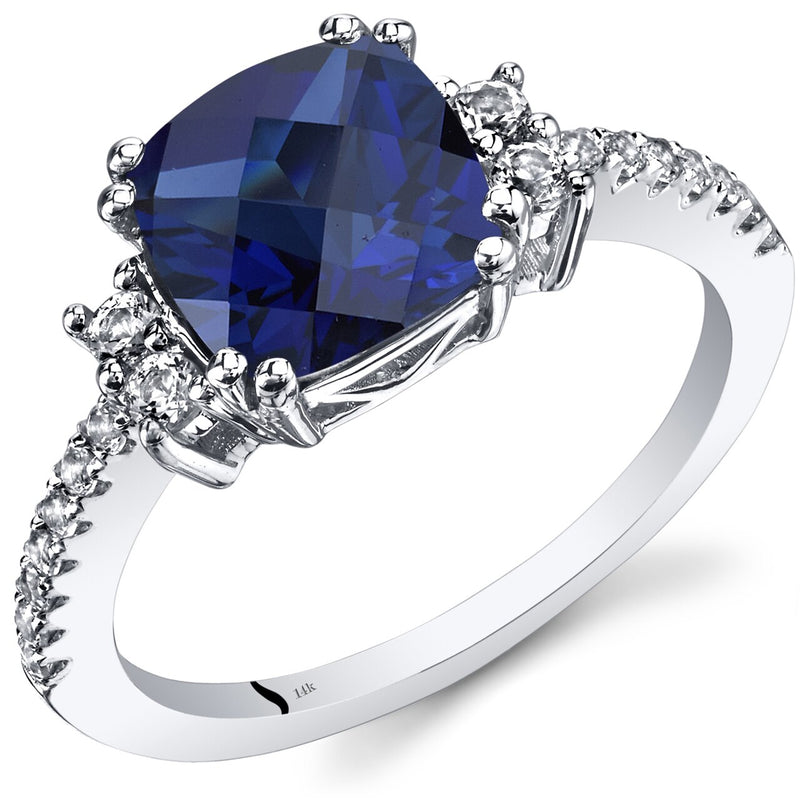 14K White Gold Created Blue Sapphire Ring Cushion Checkerboard Cut 3.00 Carats