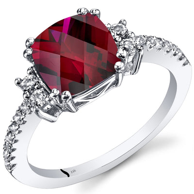 14K White Gold Created Ruby Ring Cushion Checkerboard Cut 3.00 Carats
