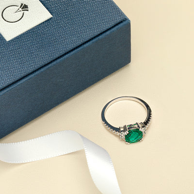 14K White Gold Created Emerald Ring Cushion Checkerboard Cut 2.00 Carats-giftbox