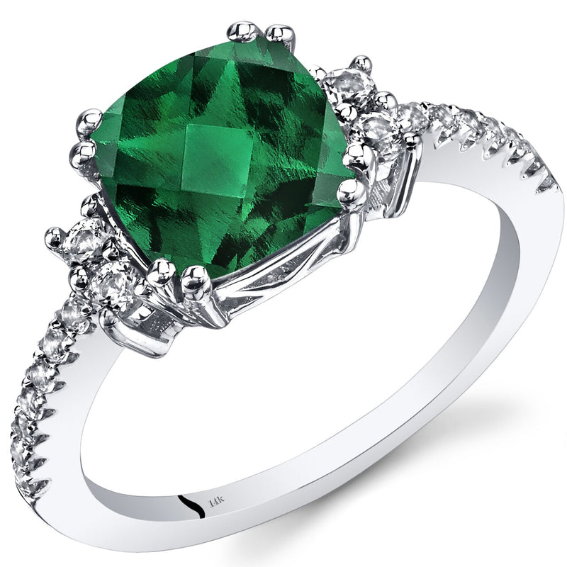 14K White Gold Created Emerald Ring Cushion Checkerboard Cut 2.00 Carats