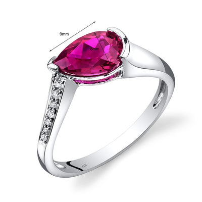 14K White Gold Created Ruby Diamond Tear Drop Ring 1.54 Carats Total R62552