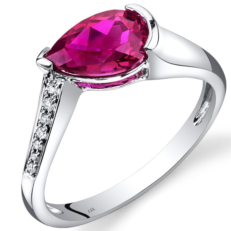 14K White Gold Created Ruby Diamond Tear Drop Ring 1.54 Carats Total R62552