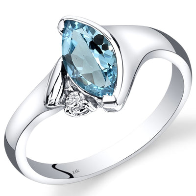 14K White Gold Swiss Blue Topaz Diamond Ring Marquise Bezel Set 1.03 Carats Total