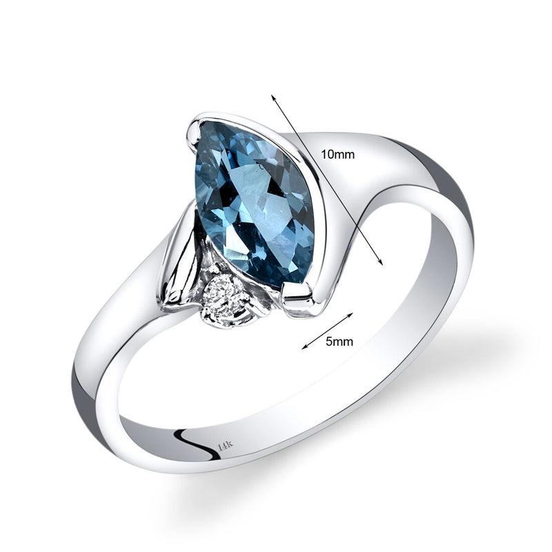 14K White Gold London Blue Topaz Diamond Ring Marquise Bezel Set 1.03 Carats Total