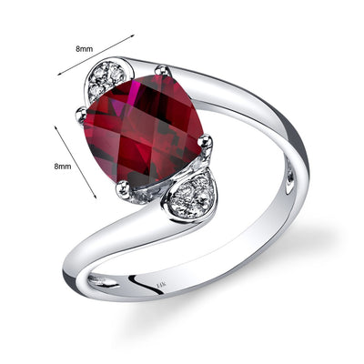 14K White Gold Created Ruby Diamond Bypass Ring Cushion Cut 2.83 Carats Total R62594