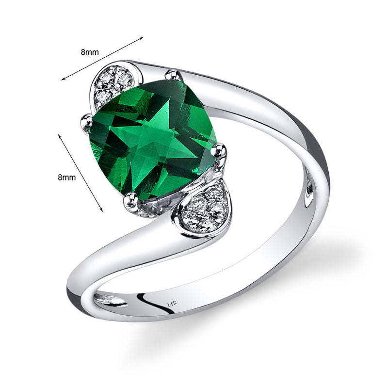 14K White Gold Created Emerald Diamond Bypass Ring Cushion Cut 2.08 Carats Total R62598