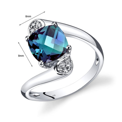 14K White Gold Created Alexandrite Diamond Bypass Ring Cushion Cut 2.58 Carats Total