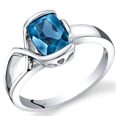 14K White Gold London Blue Topaz Diamond Bezel Ring 1.51 Carats Total