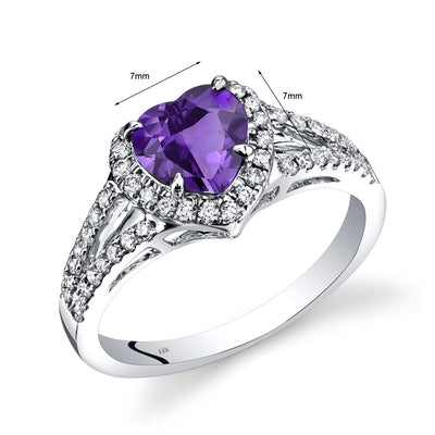 14K White Gold Amethyst Diamond Halo Ring Heart Shape 1.65 Carats Total