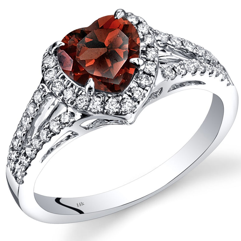 14K White Gold Garnet Diamond Halo Ring Heart Shape 1.90 Carats Total