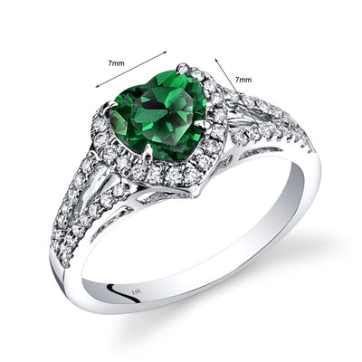 14K White Gold Created Emerald Diamond Halo Ring Heart Shape 1.65 Carats Total R62666