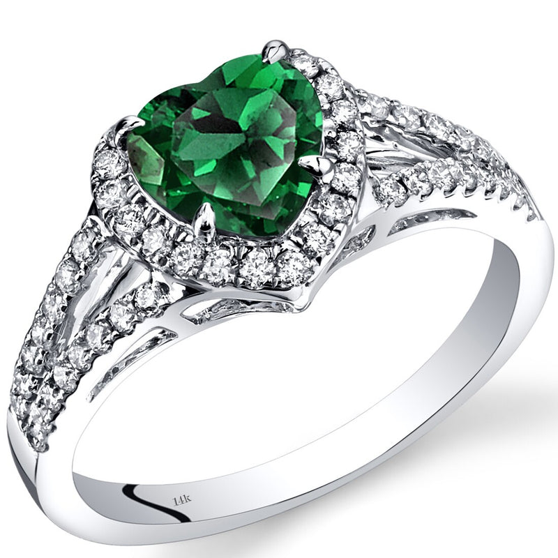 14K White Gold Created Emerald Diamond Halo Ring Heart Shape 1.65 Carats Total R62666