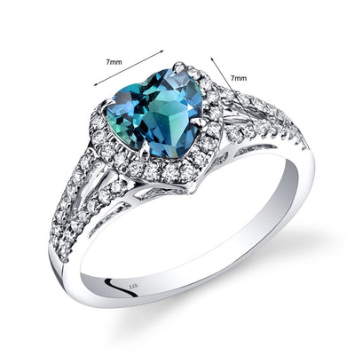 14K White Gold Created Alexandrite Diamond Halo Ring Heart Shape 1.90 Carats Total