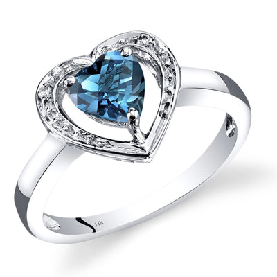14K White Gold London Blue Topaz Diamond Heart Shape Promise Ring 1 Carats Total