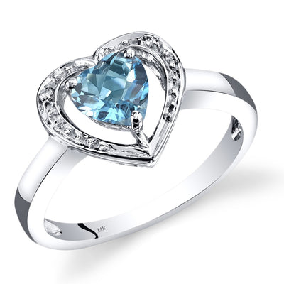 14K White Gold Swiss Blue Topaz Diamond Heart Shape Promise Ring 1 Carats Total