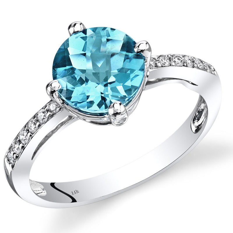 14K White Gold Swiss Blue Topaz Solitaire Diamond Accent Ring 2.5 Carats Total
