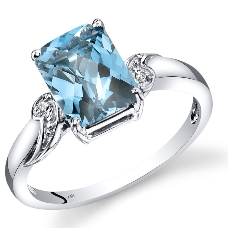 14K White Gold Swiss Blue Topaz Diamond Ring Radiant Checkerboard Cut 2.5 Carats Total