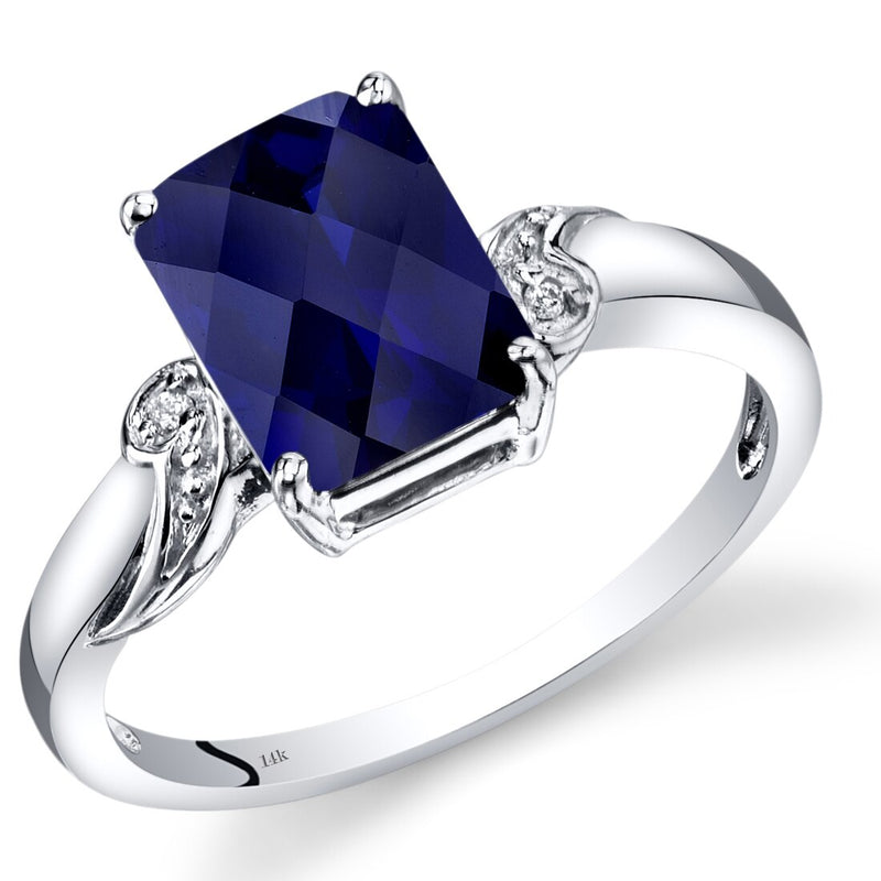 14K White Gold Created Blue Sapphire Diamond Ring Radiant Checkerboard Cut 3 Carats Total