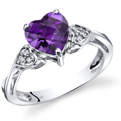 14K White Gold Amethyst Heart Shape Diamond Ring Classic Style 1.5 Carats Total