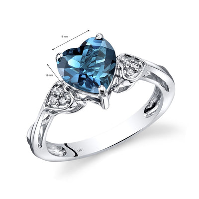 14K White Gold London Blue Topaz Heart Shape Diamond Ring Classic Style 2 Carats Total