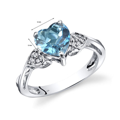 14K White Gold Swiss Blue Topaz Heart Shape Diamond Ring Classic Style 2 Carats Total