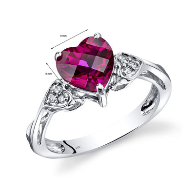 14K White Gold Created Ruby Heart Shape Diamond Ring Classic Style 2.5 Carats Total