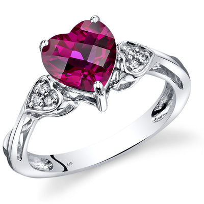 14K White Gold Created Ruby Heart Shape Diamond Ring Classic Style 2.5 Carats Total
