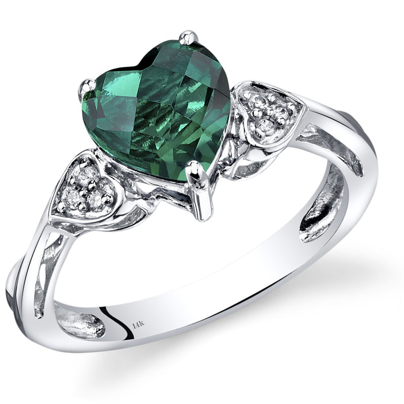 14K White Gold Created Emerald Heart Shape Diamond Ring Classic Style 1.5 Carats Total