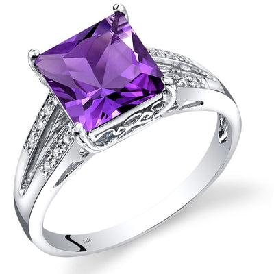 14K White Gold Amethyst Diamond Ring Princess Cut 2 Carats Total