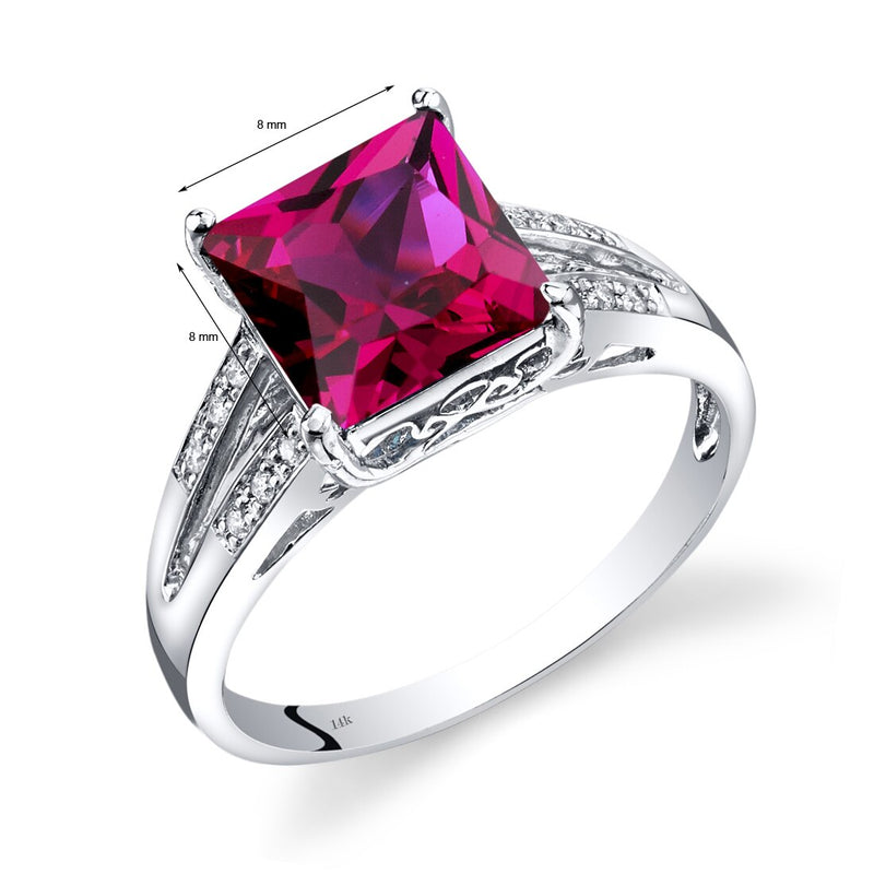 14K White Gold Created Ruby Diamond Ring Princess Cut 3 Carats Total