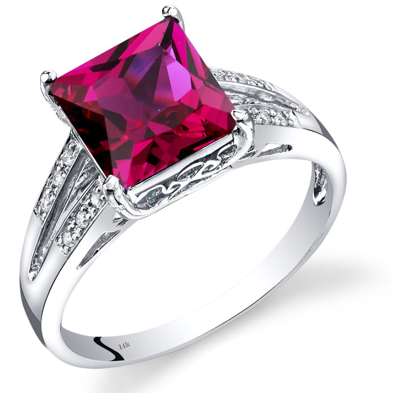 14K White Gold Created Ruby Diamond Ring Princess Cut 3 Carats Total