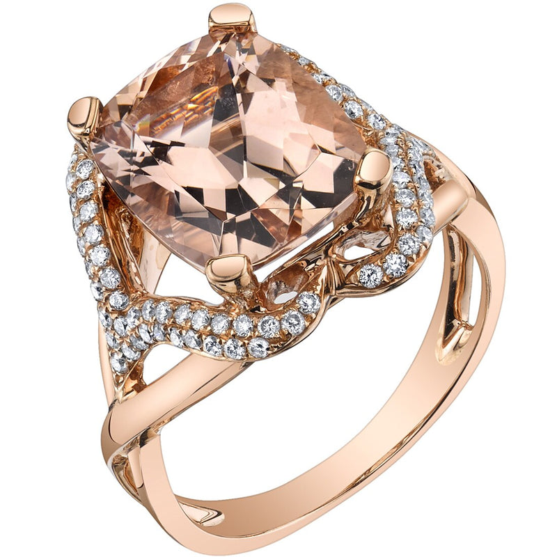 14K Rose Gold Morganite Diamond Ring 5.25 Carats Radiant Cut