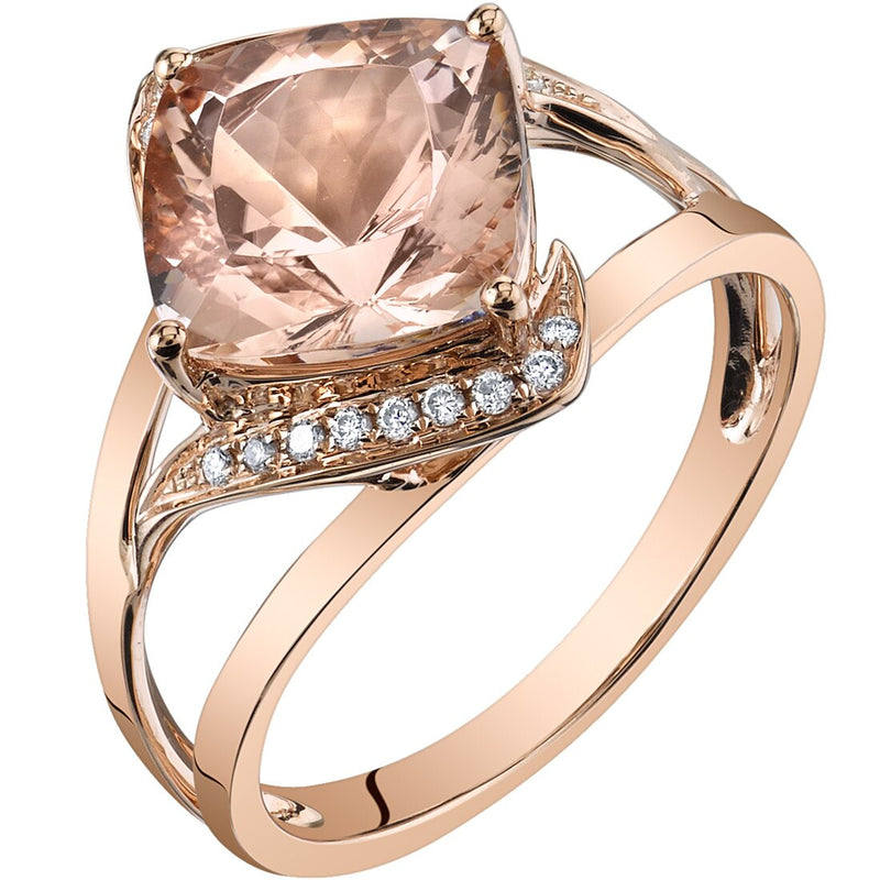 14K Rose Gold Morganite Diamond Ring 3.00 Carats Cushion Cut