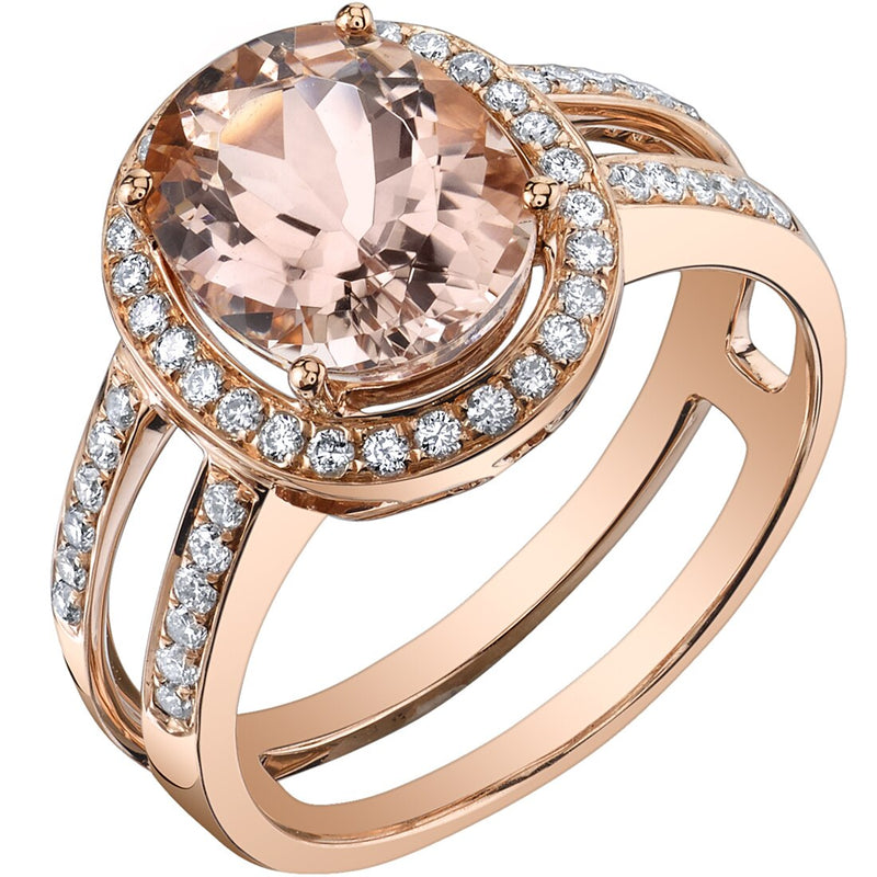 14K Rose Gold Morganite Diamond Ring 2.50 Carats Oval Shape