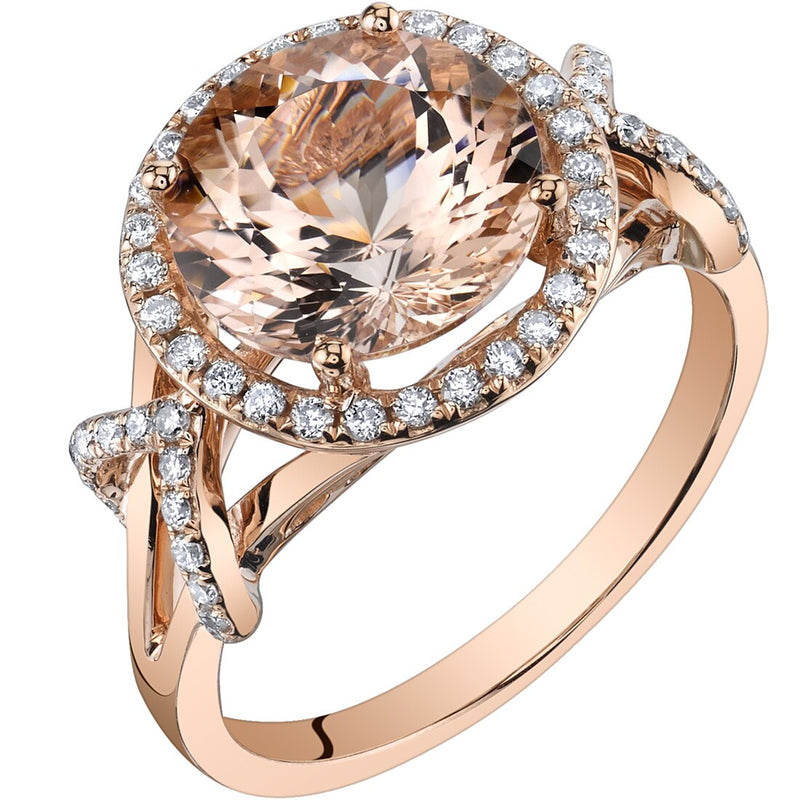 14K Rose Gold Morganite Diamond Ring 3.25 Carats Round Cut