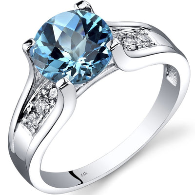 14K White Gold Swiss Blue Topaz Diamond Cathedral Ring 2.25 Carats Sizes 5-9