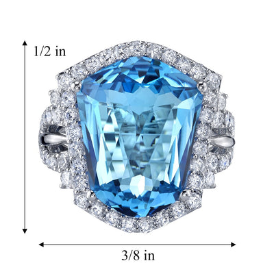 12.50 Carats Swiss Blue Topaz Diamond Trapezoid Ring 14K White Gold