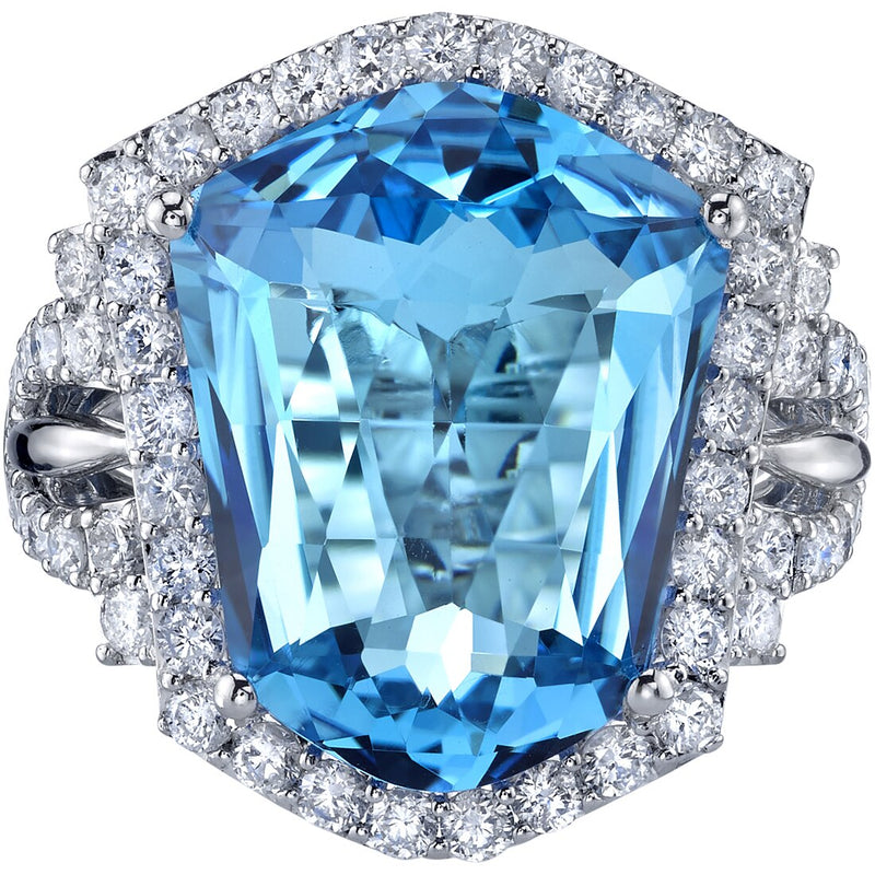 12.50 Carats Swiss Blue Topaz Diamond Trapezoid Ring 14K White Gold