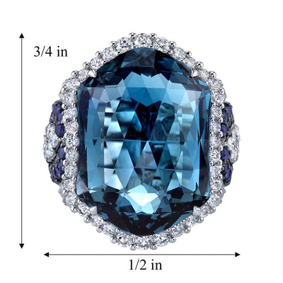21.70 carats London Blue Topaz Diamond and Sapphire Ring 14K White Gold