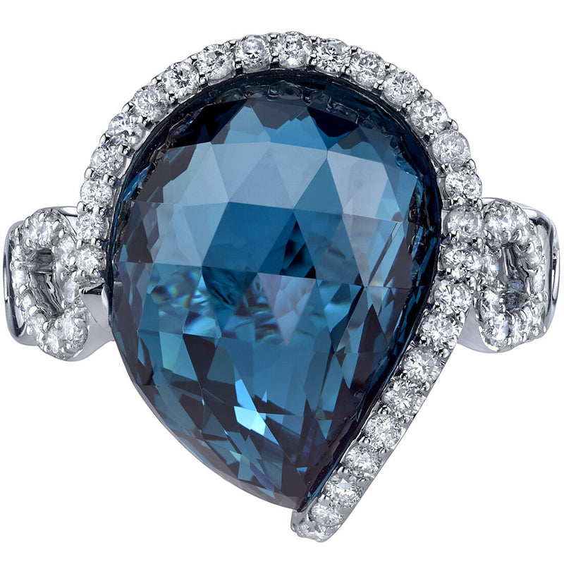 13.75 Carats London Blue Topaz Diamond Ring 14K White Gold