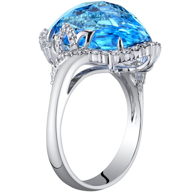 17 Carats Swiss Blue Topaz Diamond Empress Ring 14K White Gold